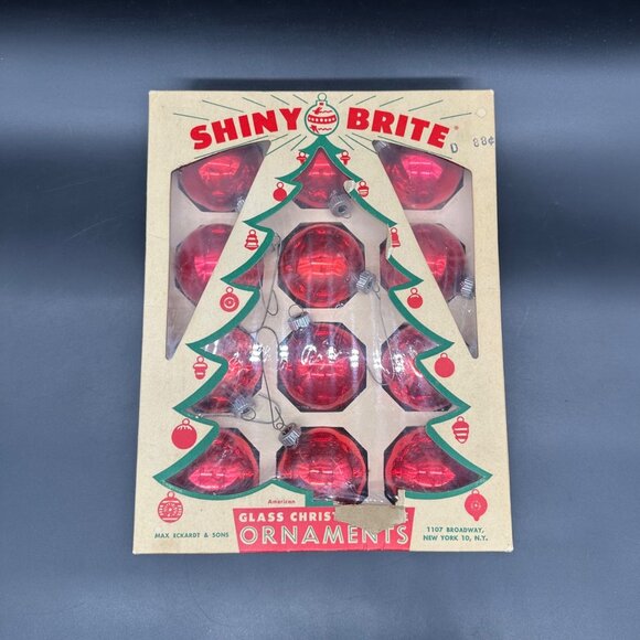 Vintage Christmas Ornaments Shiny Brite USA Red Glass Original Box Decoration - Picture 3 of 16